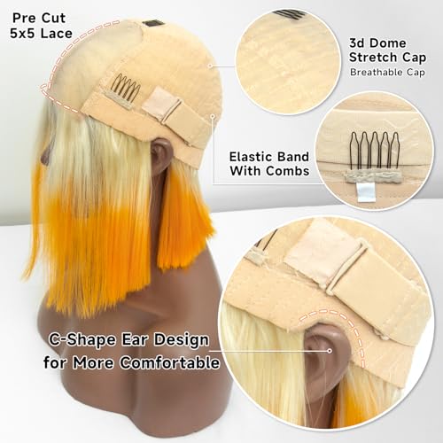 Ombre Color Bob Wig Human Hair, Wear and Go Glueless Wigs Human Hair Pre Plucked Pre Cut 210% Density 12A Brazilian Virgin Real Hair 5x5 HD Lace Front Closure Wigs for Black Women 10 Inch