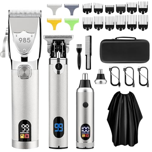 Professional Hair Clippers for Men, Electric Cordless Clippers and Trimmers Set, Nose Hair Beard Trimmer, Hair Cutting Barber Clippers with Guards, T Liners Edgers Clippers for Mens (Silver)
