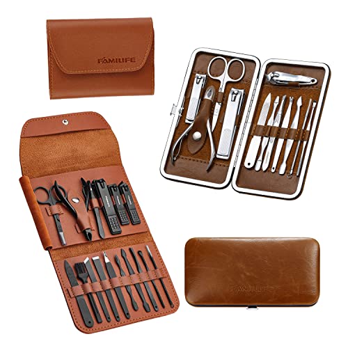 FAMILIFE Manicure Pedicure Kit Professional Nail Clippers Set Men and Women 12 Pcs and 16pcs Grooming Kit Gifts for Men