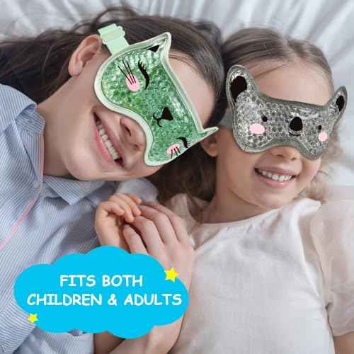 Kids Ice Packs 2 Packs Cooling Eye Mask with Soft Plush Backing for Children Boo Boos Sinus Headache Fever Patch for Kids (Green+Grey)