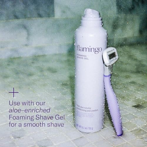 Flamingo Shaving Razor Set for Women - Original Razor Handle, 4 Blade Refills, and Shower Holder - Lilac