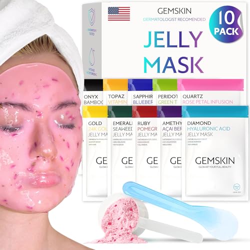 GEMSKIN Jelly Mask for Facials Peel-Off - 10 Set Pack Modeling Rubber Mask Multipack - Hydrating & Calming Jelly Face Mask Powder Variety Kit with Spatula & Scoop Bundle - Professional Skincare Spa