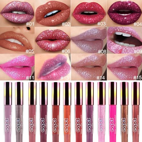 evpct 1Pcs Hot Bright Red Glitter Metallic Shimmer Diamond Lipstick Lip Gloss Stain Set for Women Long Lasting Waterproof, Dark Red Sparkle Glitter Matte long wear Liquid Lipstick Lip Makeup Kit