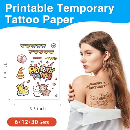 Printable Temporary Tattoo Paper for INKJET Printer, 30-Sets Custom Tattoo Printer Sticker 8.5X11", DIY Personal Clear Transfer Paper for Kids, Family, Christmas, Birthdays, Parties, Festivals
