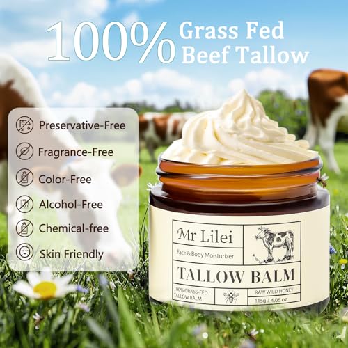 Organic Grass-Fed Beef Tallow Balm with Raw Honey - Face & Body Moisturizer - Natural Whipped Skin Care Cream for Dry Skin- Hydrating Body Lotion for Nourishment (Unscented, 115g/4.06oz)