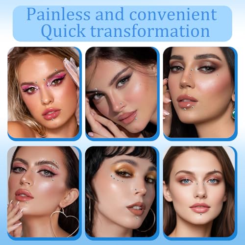 Face Gems Fake Piercings, 1650 Pcs Fake Eyebrow Piercing Y2k Accessories Nose Stud Eyebrow Stud, Non-Piercing Nose Stud with 1 Clip, Face Sticker Ring Cool Punk Y2K Makeup for Women Men, Silver