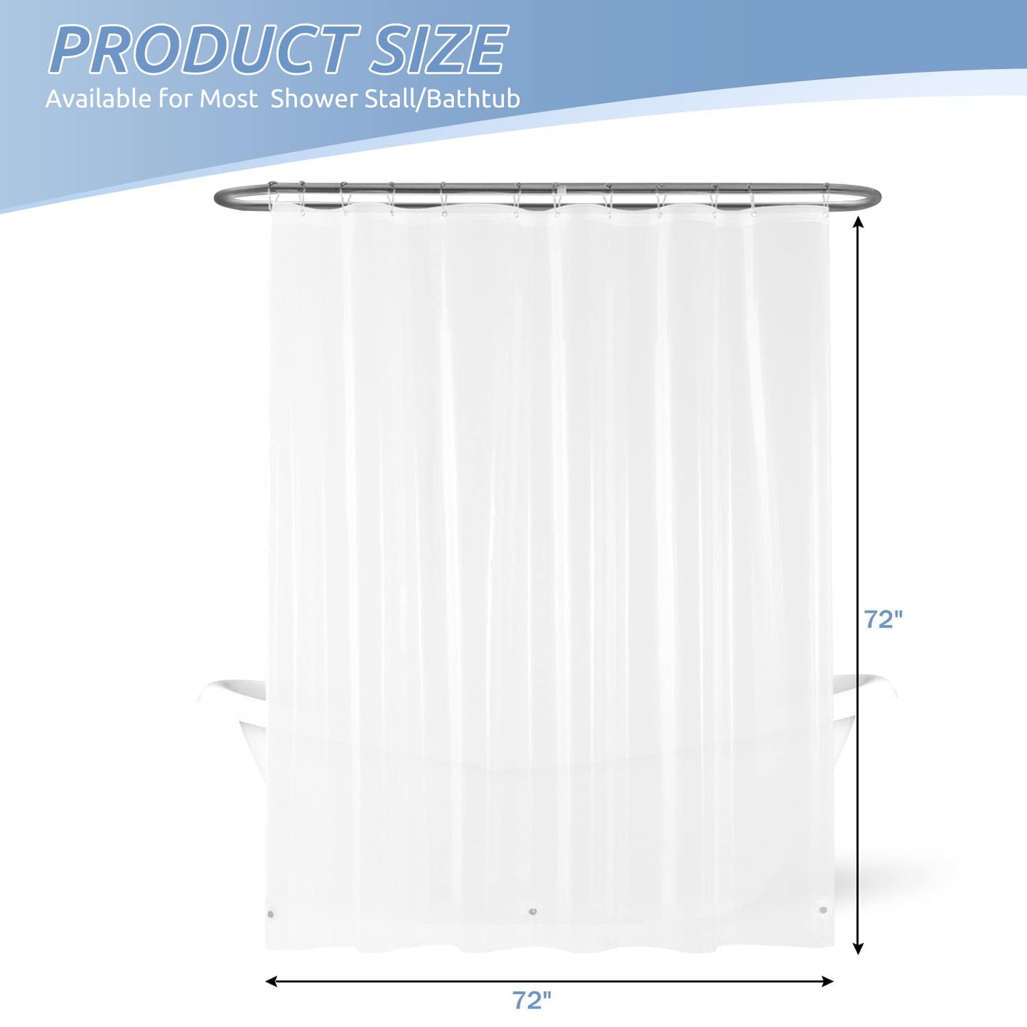 downluxe Waterproof Clear Shower Curtain Liner - PEVA Lightweight Plastic Shower Liner with 3 Magnets, Shower Curtains for Bathroom, 72" x 72", Clear