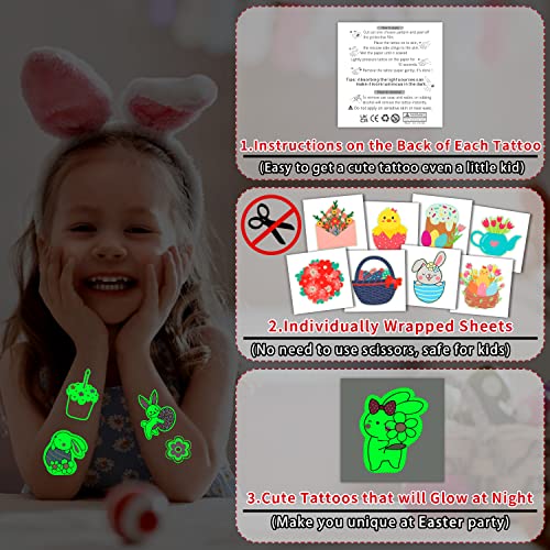 Partywind 204 Styles Glow Easter Kids Temporary Tattoos for Easter Basket Stuffers, Individually Wrapped Sheets Easter Tattoo Stickers for Boys Girls Party Favors, Easter Egg Hunt Games Essentials