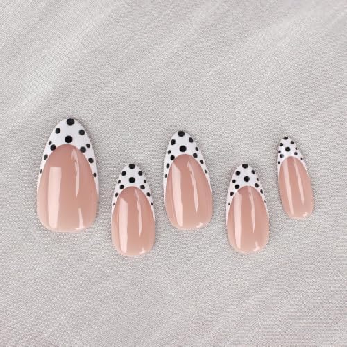 Medium Almond Press On Nails - Nude Pink French Tip with Polka Dots