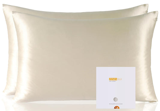 ZIMASILK 100% Pure Mulberry Silk Pillowcase 2 Pack, Soft and Smooth,Both Sides Premium Grade 6A Silk,600 Thread Count,with Hidden Zipper (Queen 20''x30'',Beige)