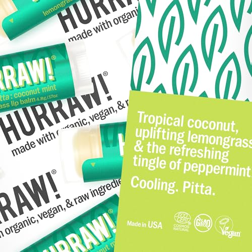 Hurraw! Coconut, Mint, Lemongrass (Pitta) Lip Balm, 2 Pack: Organic, Certified Vegan, Cruelty and Gluten Free. Non-GMO, 100% Natural Ingredients. Bee, Shea, Soy and Palm Free. Made in USA