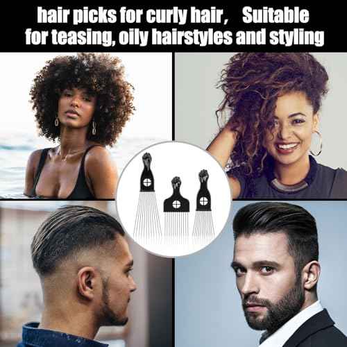 3 Pack Afro Hair Picks for Men and Women, Cpoxixt Metal Afro Comb Picks for Natural Curly Hair Styling Fist Design(Black)