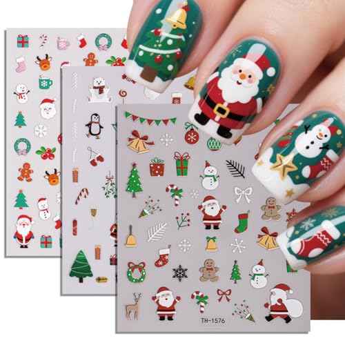 Christmas Nail Stickers - Christmas Nail Decals with Santa Claus Snowflake Elk Deer Snowman Xmas Tree Designs Winter 3D Xmas Nail Art DIY Decor Holiday Nail Stickers for Women (8 Sheets)