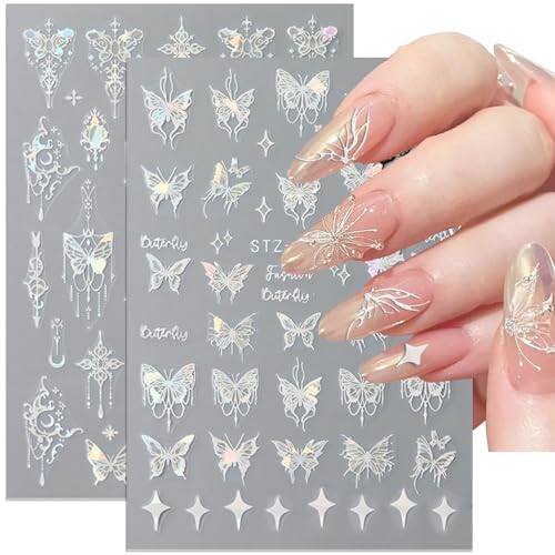 8pcs Metallic Silver Butterfly Nail Stickers 3D Laser Black Butterfly Nail Decals Aurora Butterfly Nail Art Stickers Pink Butterfly Stickers for Nails DIY Butterflies Nail Sticker Women Nail Supplies