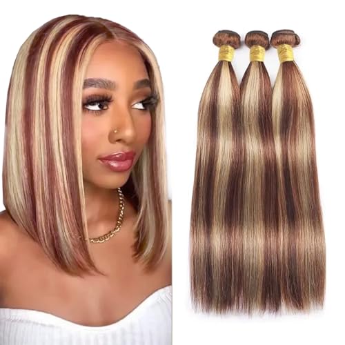 AuokMar 330g Highlight Brown Hair Bundles 14-18 Inch 2 Tone Blonde & Reddish Brown
