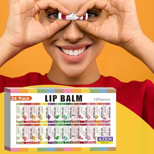 AZEN 24 Pack Lip Balm Stocking, Natural Lip Balm Bulk, Moisturizing Lip Balm for Dry Lips