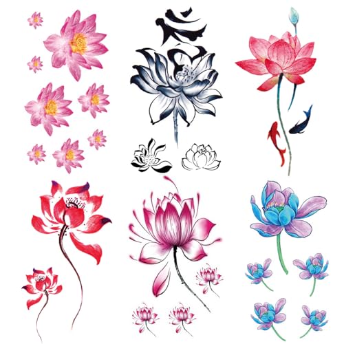 6-Sheet Watercolor Lotus Temporary Tattoos - 5-7 Day Wear