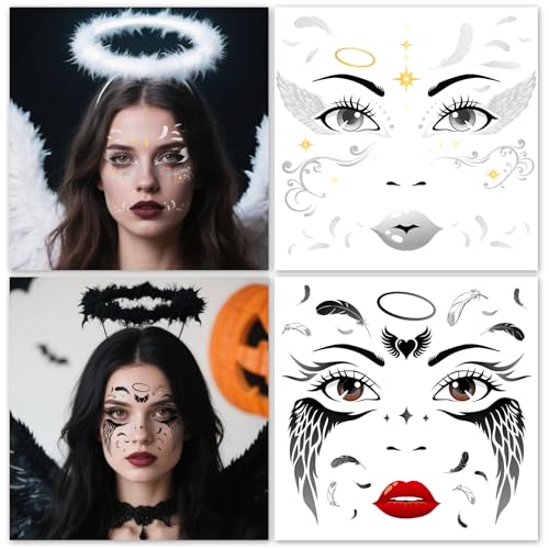 HOWAF 4 Sheets Halloween Angel Face Tattoos Angel Wing Full Face Temporary Tattoos for Hallows' Eve Angels Costumes Accessories, Black and White Fallen Angels Tattoo Stickers