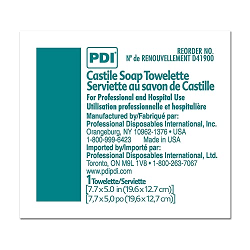 PDI Healthcare D41900 Castile Soap Wipe with Coconut Oil, Premoistened Facial Cleansing Towelette for Travel, 5 in x 7.7 in Size, Pack of 1000