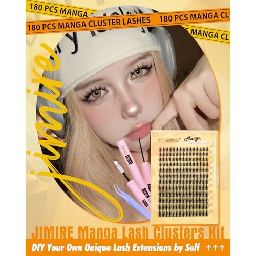 JIMIRE Natural Lash Clusters Kit Lash Extension Kit with Lash Bond and Seal 180Pcs Anime Eyelash Clusters D-Curly Wispy Manga Lash Clusters 8-16MM Cluster Eyelash Extensions Kit Individual Lashes Pack