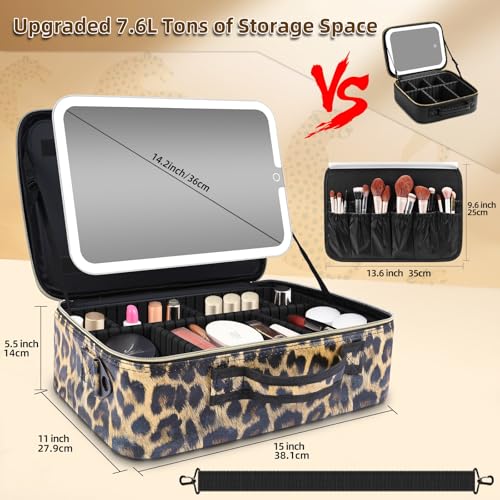 Large Travel Makeup Bag with LED Detachable Mirror - Leopard, Extra Large, Waterproof