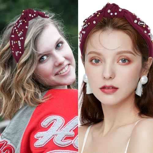 YARIEW Football Headband for Women Pearl Rhinestone Jeweled Knotted Headband Fashion Headband Wide Game Day Sports Hair Accessories Gift for Football Mom Fans Christmas (Burgundy)