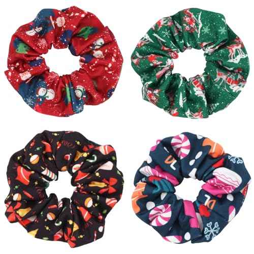 4 pcs Xmas Hair Scrunchies Santa Claus Snowman Christmas Hair Ties Soft Elastic Hair Bands for Women