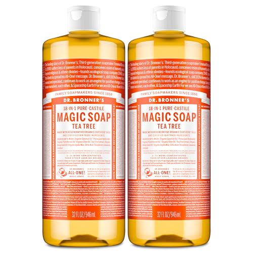 Dr. Bronner's Pure-Castile Magic Soap Liquid (Tea Tree, 32 ounce, 2-Pack) - Made with Regenerative Organic Certified Oils, 18-in-1 Uses: Body, Hair, Laundry & Dishes, Concentrated, Vegan, Non-GMO