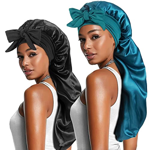 2-Pack Satin Sleep Bonnets with Tie Band for Locs & Braids