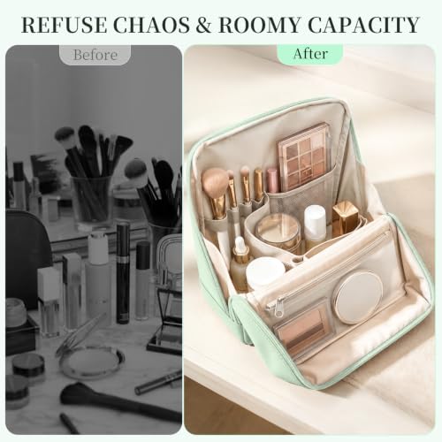 LiviWild Green Travel Standing Makeup Bag with Compartments & Waterproof Design