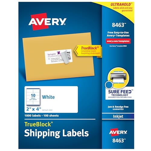 Avery Printable Shipping Labels with Sure Feed, 2" x 4", White, 1,000 Blank Mailing Labels (8463)