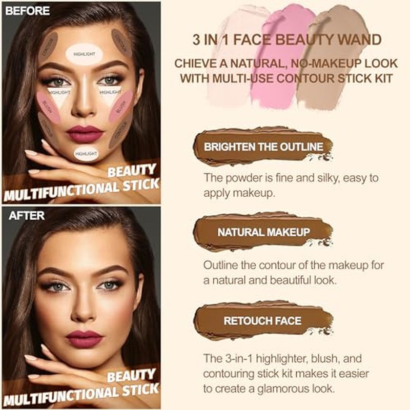 3-Piece Contour Stick Kit with Blush Bronzer Highlighter - Light Fair
