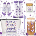 Purple Butterfly Gifts Set of 6 Butterfly Makeup Bag Scented Candle Glass Cup with Lids and Straws Sock Greeting Card Pen for Women Lady Wife Girlfriend Mothers Day Birthday