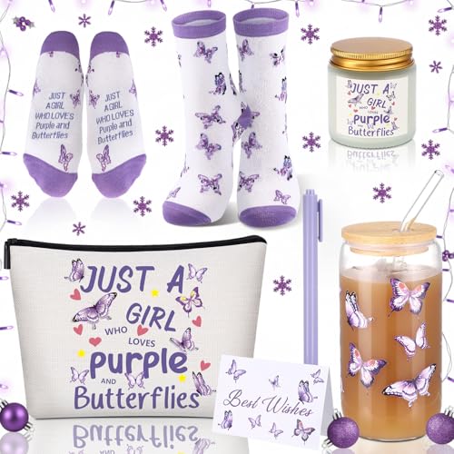 Purple Butterfly Gifts Set of 6 Butterfly Makeup Bag Scented Candle Glass Cup with Lids and Straws Sock Greeting Card Pen for Women Lady Wife Girlfriend Mothers Day Birthday