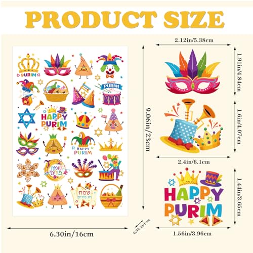Purim Temporary Tattoo Stickers, 8 Sheets 200+ Designs