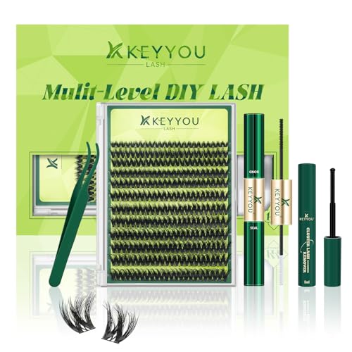 KEYYOU Lash Extension Kit 3D Effect Volume Lash Clusters Flaunt Style 144PCS D Curl Waterproof DIY Kit Flora Inspired Wispy Look LengthLock 8?18mm Ultra-Thin Black Band (PuffSilk V3D01 Kit)