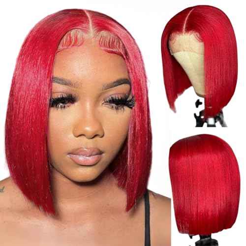 Red Bob Wigs Human Hair Red 13X4 Bob Lace Frontal Wigs Human Hair for Black Women180% Density Wear and Go Glueless Wig Blunt Cut Straight Short Bob Wigs Pre Plucked With Baby Hair 10 Inch