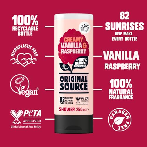 Original Source Vanilla & Raspberry Shower Gel, 100 Percent Natural Fragrance, Vegan, Cruelty Free, Paraben Free, Bulk Buy, Pack of 6 x 250 ml