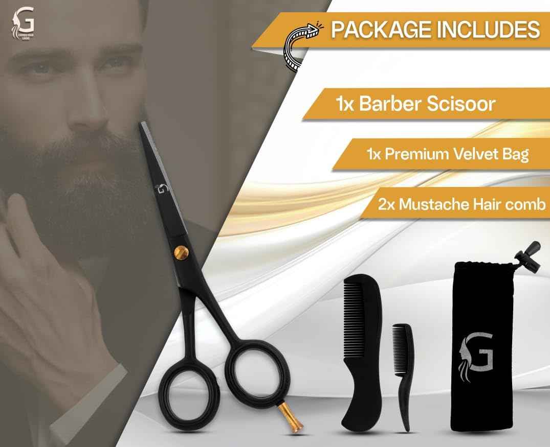 5” Professional Beard Mustache Scissors with 1 Beard Comb, 1 Mustache Comb - Prefect Mustache Trimming Scissors for All Facial Hair – Grooming Scissors for Men