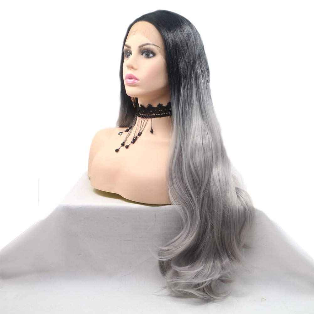 Kalisa Long Wavy Ombre Black to Grey Lace Front Wig Middle Part Body Wavy Silver Grey Synthetic Wig Heat Resistant Fiber Makeup Wig for Women 24 Inches