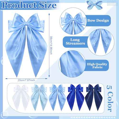 5 Pcs Blue Hair Bows for Women, Silky Satin Large Hair Clips for Girls, Long Tail Hair Ribbon Accessories