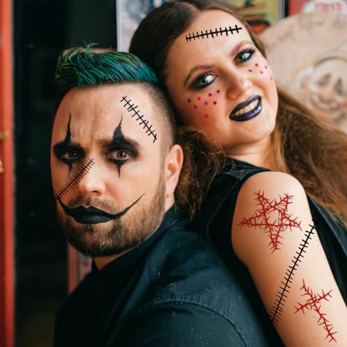winthrop 8 Sheets Halloween Stitched Scar Temporary Tattoos, Large Size Fake Stitches & Wound Tattoos, Realistic Waterproof Horror Makeup Stickers for Halloween Costume, Cosplay&Party Supplies