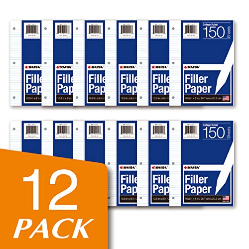 Kaisa Filler Paper Notebook Paper, College Ruled 8"x10.5" Loose Leaf Paper for 3-Ring Binders, 150 Sheet/pack,12pack (Total 1800 Sheets)