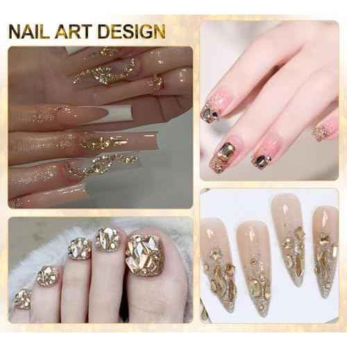 2420pcs Gold Rhinestones for Nails, Round Flatback Champagne Rhinestones Gold Nail Charms for Nails+120 Pcs 3D Multi Shapes Glass Crystal Diamond Nail Gems for Acrylic Decoration