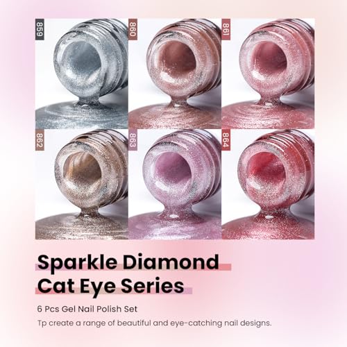 RARJSM Diamond Cat Eye Gel Nail Polish Set - 6 Colors with Magnet Stick