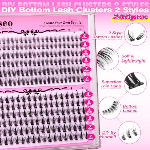 wiwoseo Spiky Bottom Lash Clusters with Bottom Lashes Clusters Wispy Lash Clusters Eyelash Clusters Eyelash Extensions Under Cluster Lashes Natural Individual Lashes Bottom Lash Extensions (240pcs)