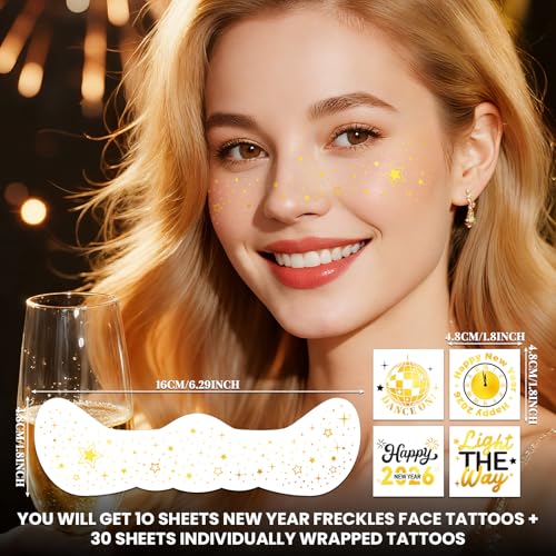 Cerlaza New Years Eve Party Supplies 2026, 40 Pcs Glitter Gold Freckles Face Temporary Tattoo, Happy New Year's Eve Decorations Nye Party Favors Accessories Gifts 2026 for Women