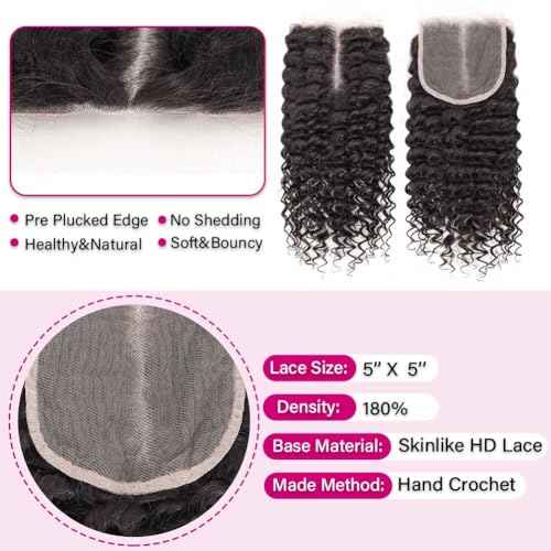 Skinlike HD Lace 5x5 Closure Human Hair Deep Wave Human Hair Closures for Black Women 12A Virgin Hair Pre Plucked Hairline Small Knots Invisible HD Lace Curly Closure 20 Inch