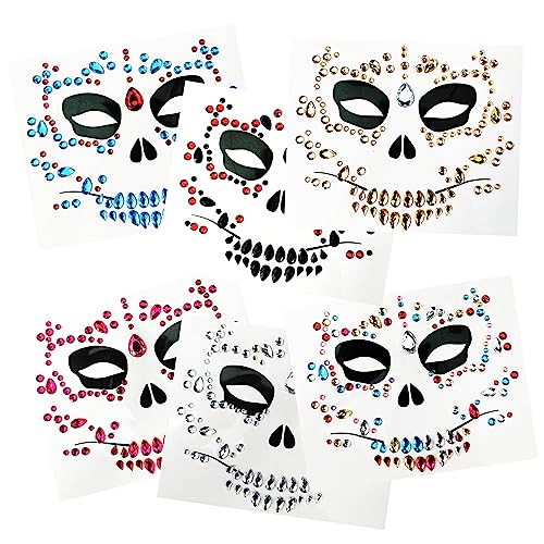 6-Pack Skull Face Gems Jewels,Day of the Death Halloween Temporary Face Tattoos Fake Face Jewelry