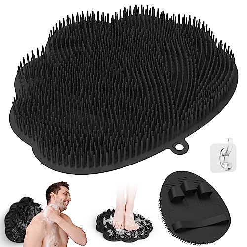 Manmihealth Upgrade Shower Foot Massager Scrubber & Bath Glove Set(2 PCS), Hands-Free Back Scrubber for Shower, Wall-Mounted Shower Brush with Body & Face Scrubber and Free Adhesive Hook. (Black)